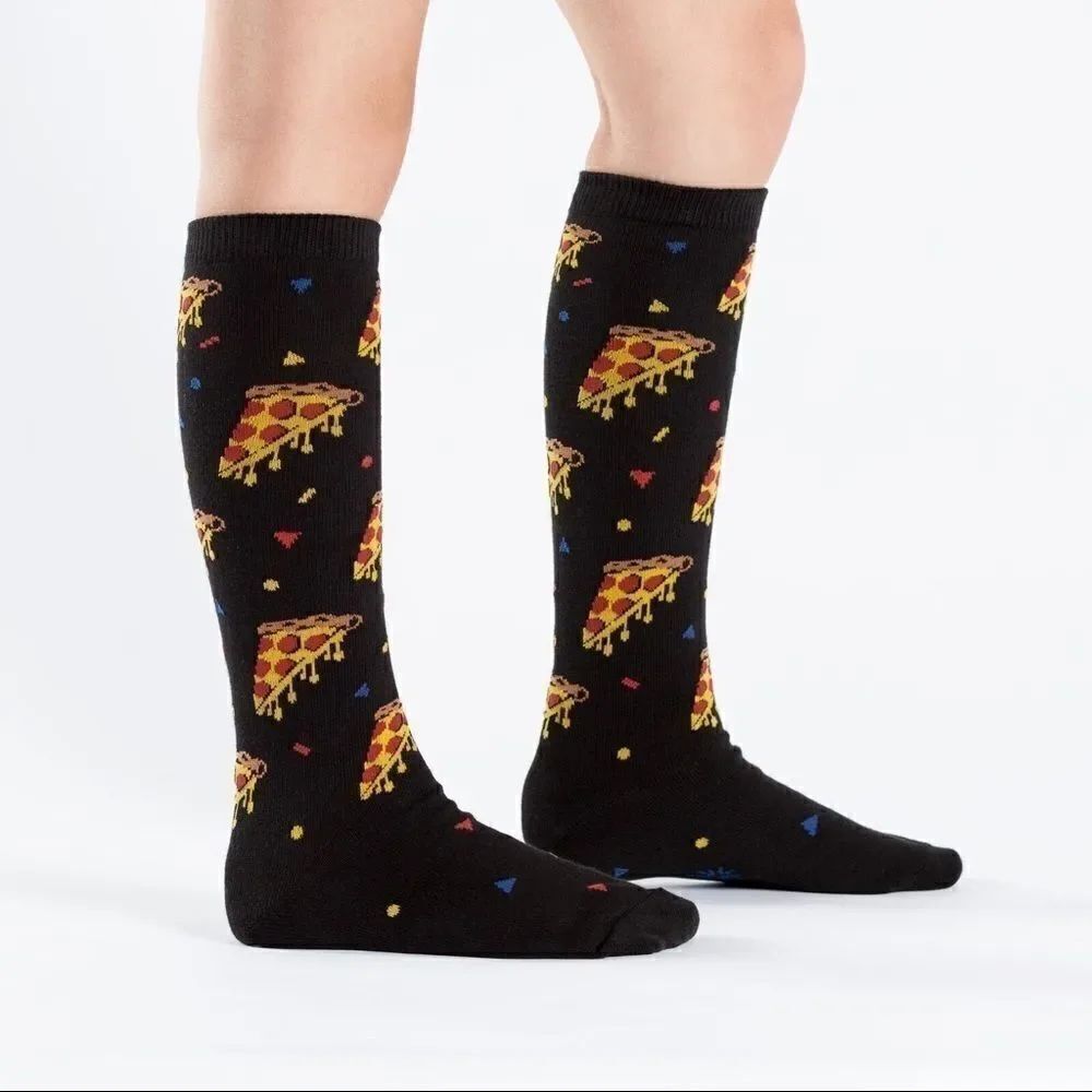 Sock it to me Juniors youth Kids Pizza party knee high Socks black 🍕
